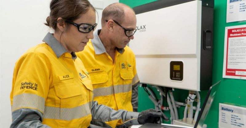 Graduate and teacher using laptop near battery power 