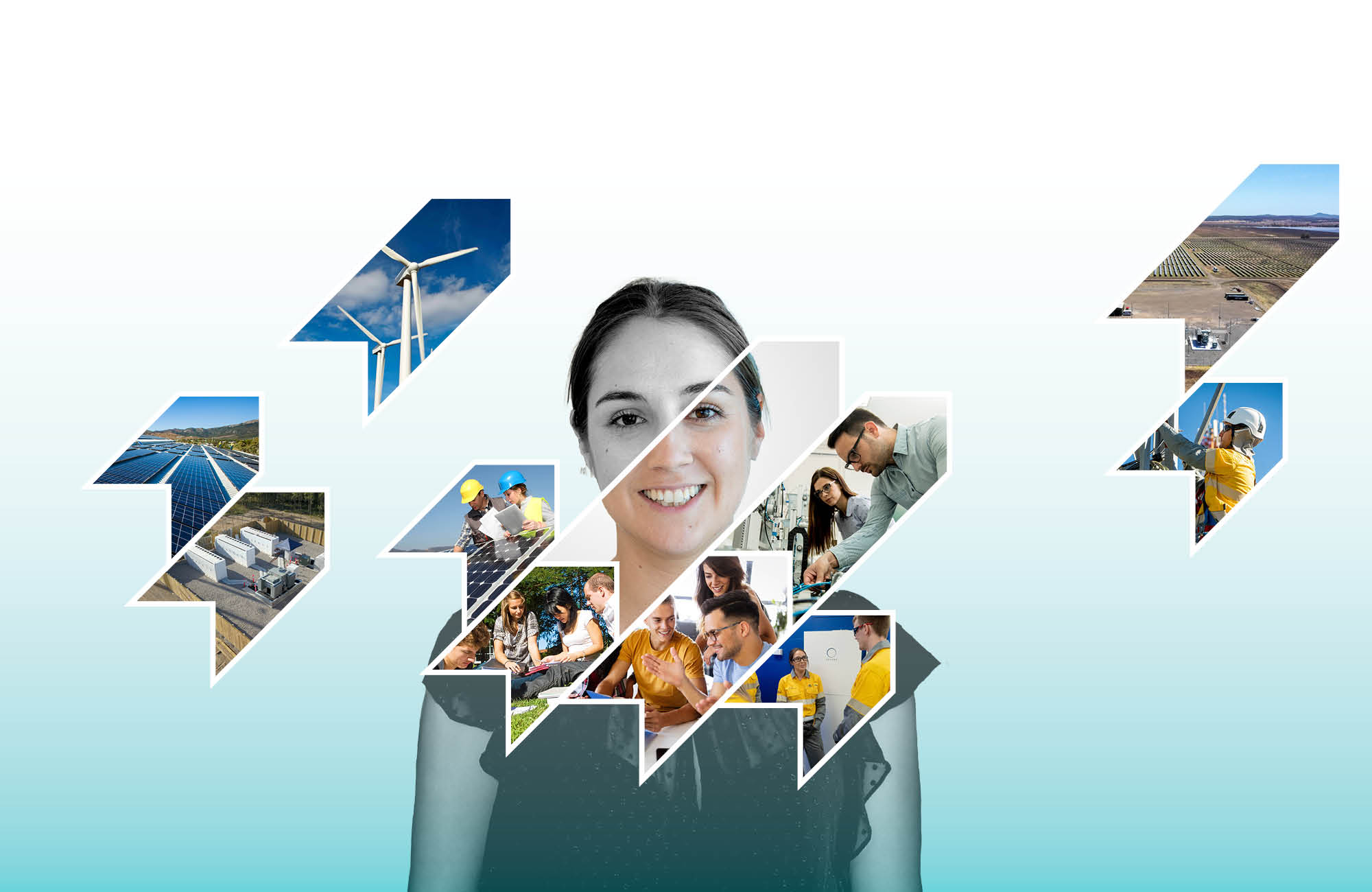 Montage of images in arrow shapes with a female in the background