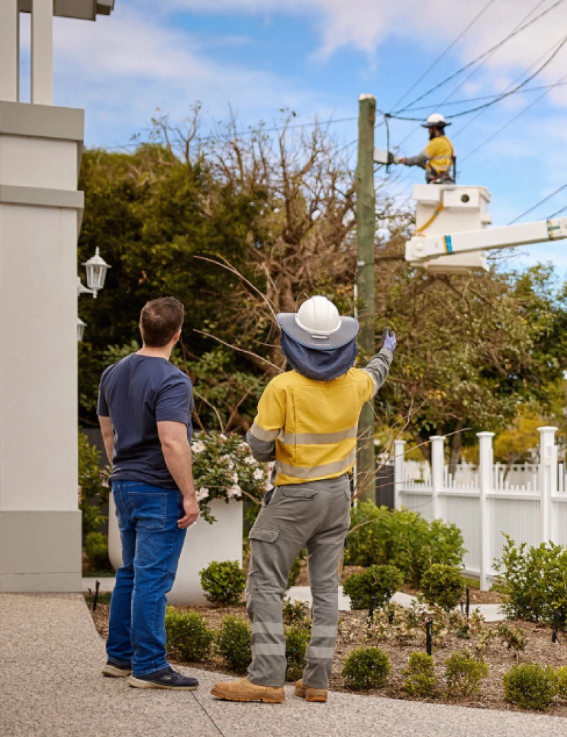 Customer with worker on ground and up pole