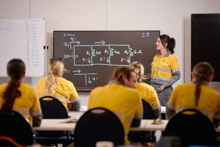 Field crew in classroom with blackboard
