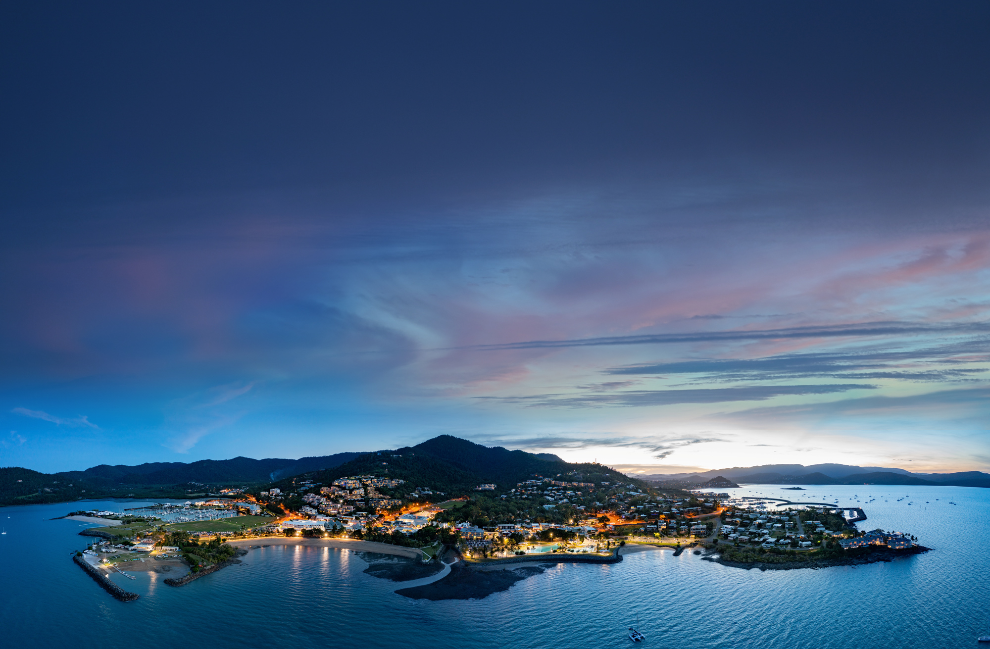 Aerial view of Airlie beach at dusk