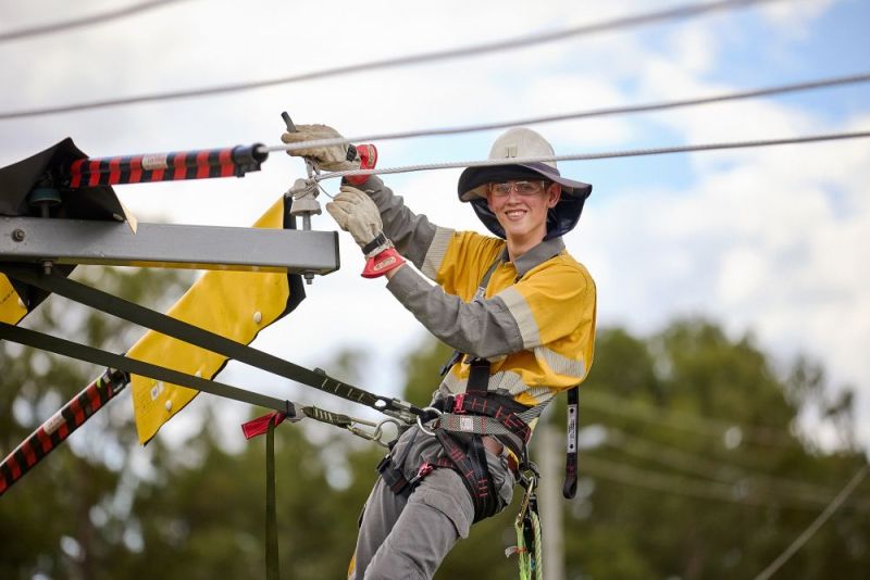 Worker harnessed to power pole